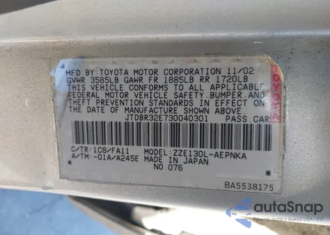 2003 Toyota Corolla Le из США, поврежденный, VIN JTDBR32E730040301